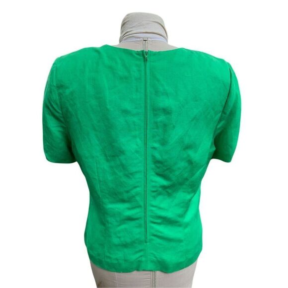Kelly Green Linen Blend V-Neck Sht Slv Top by Halmode Petites Vintage Sz. 12 - Picture 2 of 10